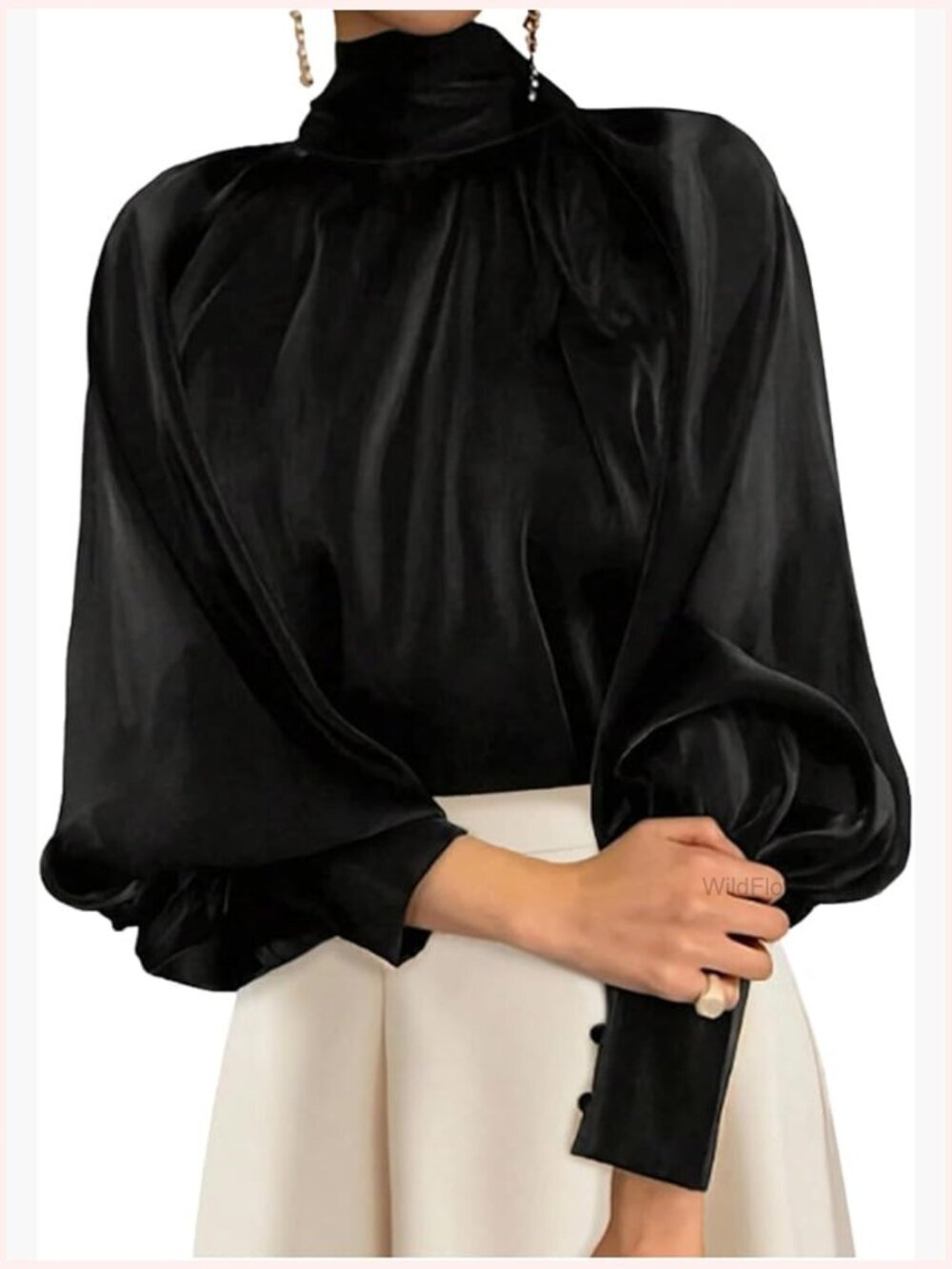 Mock Neck Long Lantern Sleeve Bow Back Satin Elegant Blouse